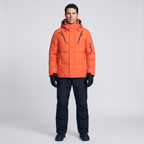 Men's Ski Suit with Orange jacket and black ski trousers, worn full length