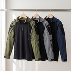 Tactical hoodie in Green, Grey and Navy Blue on a rail