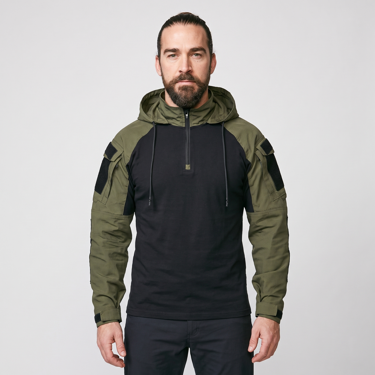 Man wearing the Green tactical hoodie, front