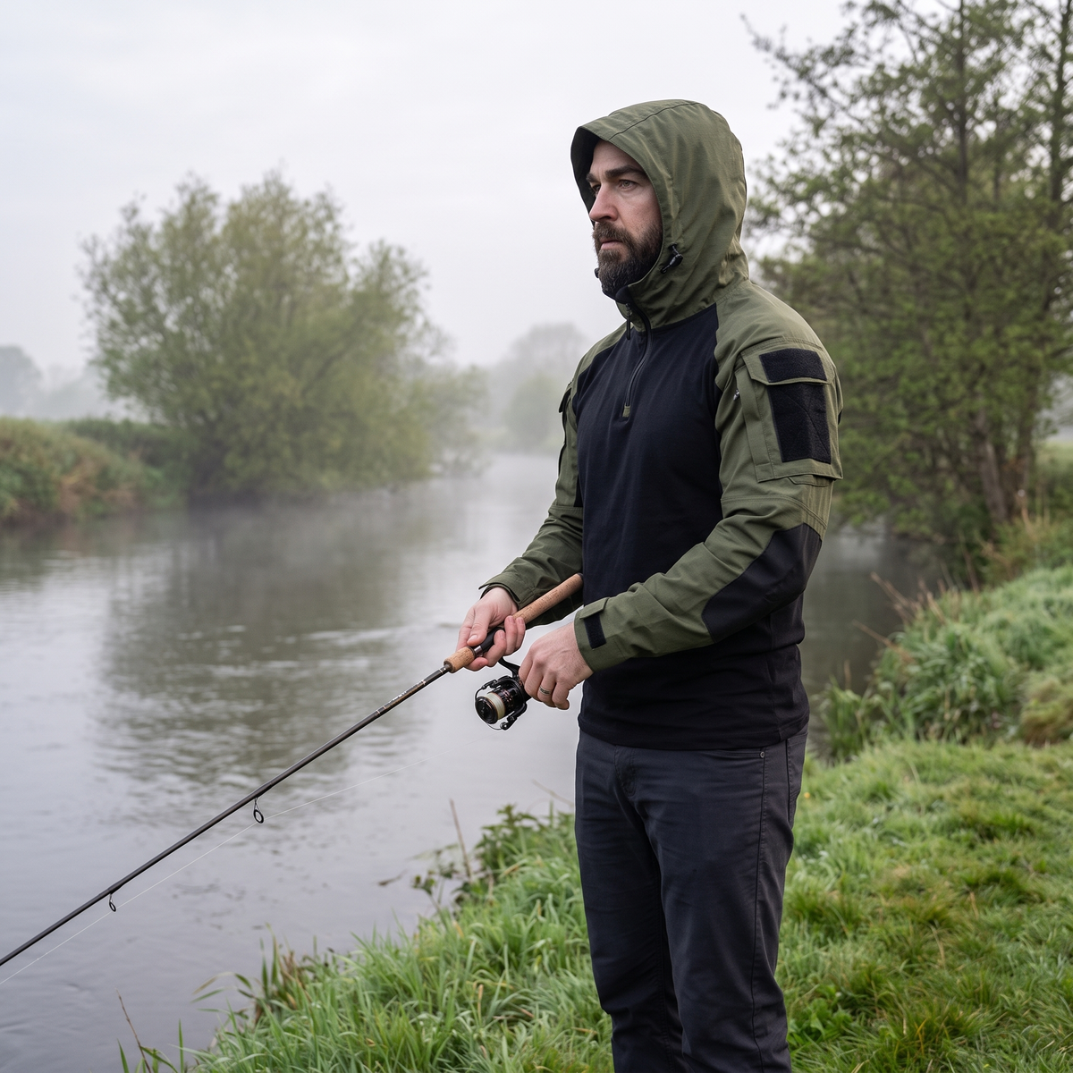 Angler on a riverbank wearing the tactical hoodie with the hood up