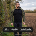 Tactical hoodie on a countryside walk, 4.7 star customer rating, sizes M to 3XL
