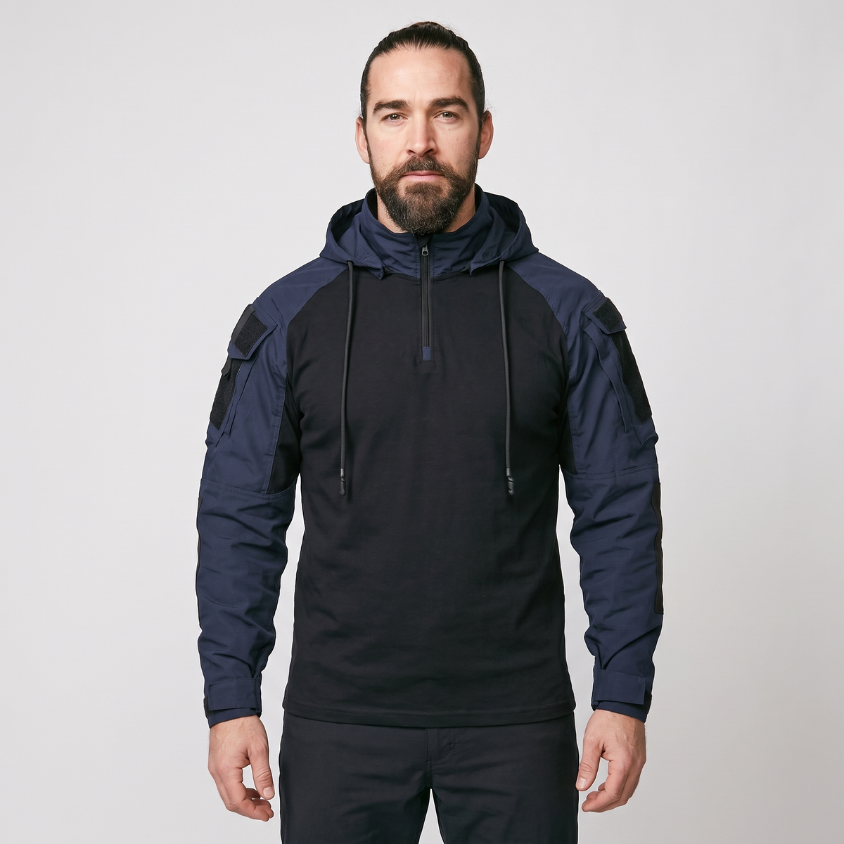 Man wearing the Navy Blue tactical hoodie, front