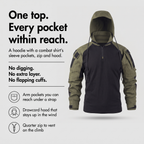 Tactical hoodie features: arm pockets, drawcord hood, quarter zip