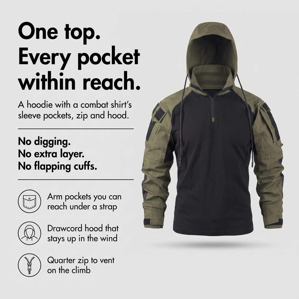 Tactical hoodie features: arm pockets, drawcord hood, quarter zip