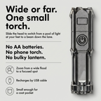 How the zoom torch works: wide flood or focused spot, USB rechargeable, pocket size