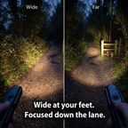 Zoom torch beam comparison: wide light at your feet, focused beam down the lane