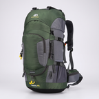60L hiking rucksack at an angle showing the mesh side pocket and compression straps