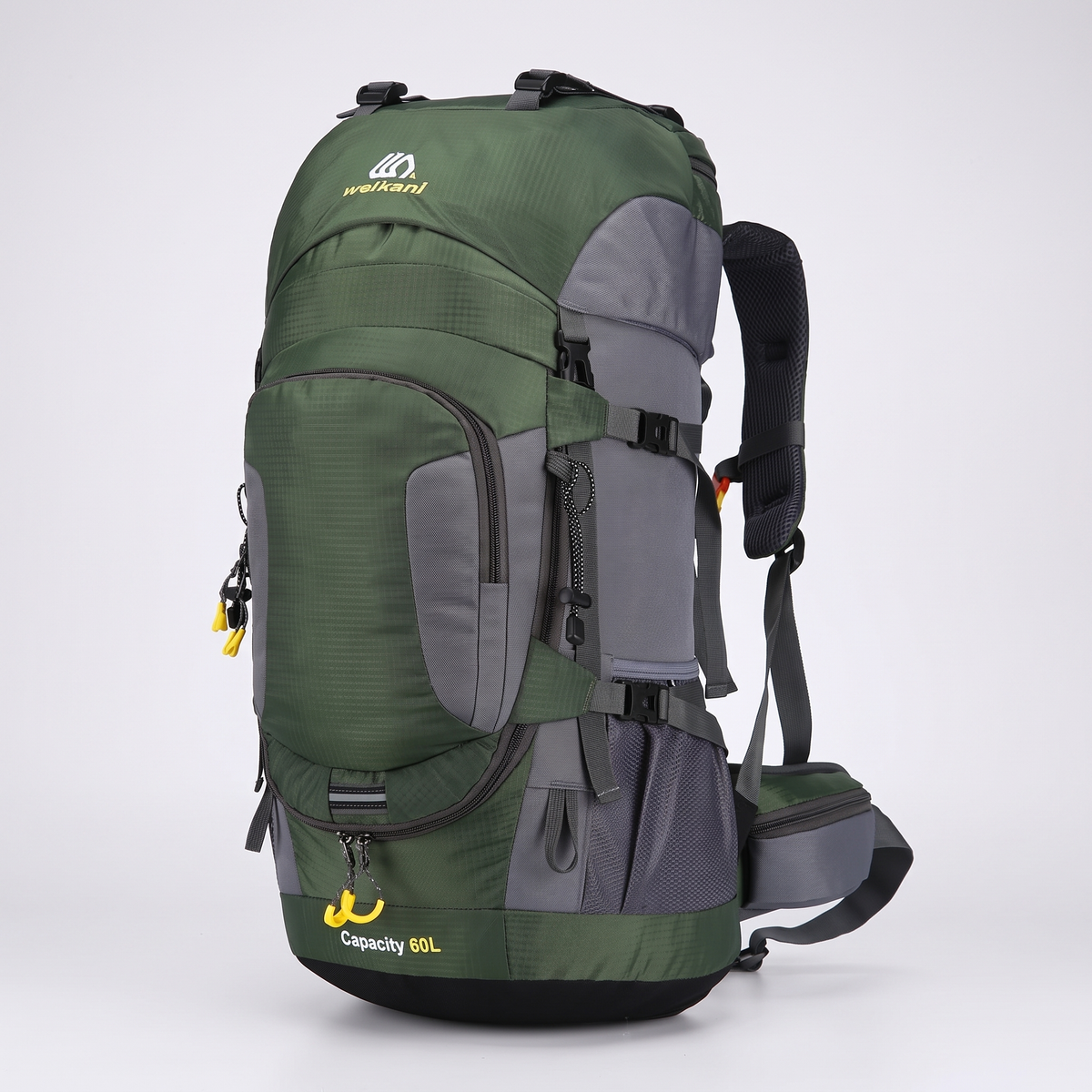 60L hiking rucksack at an angle showing the mesh side pocket and compression straps
