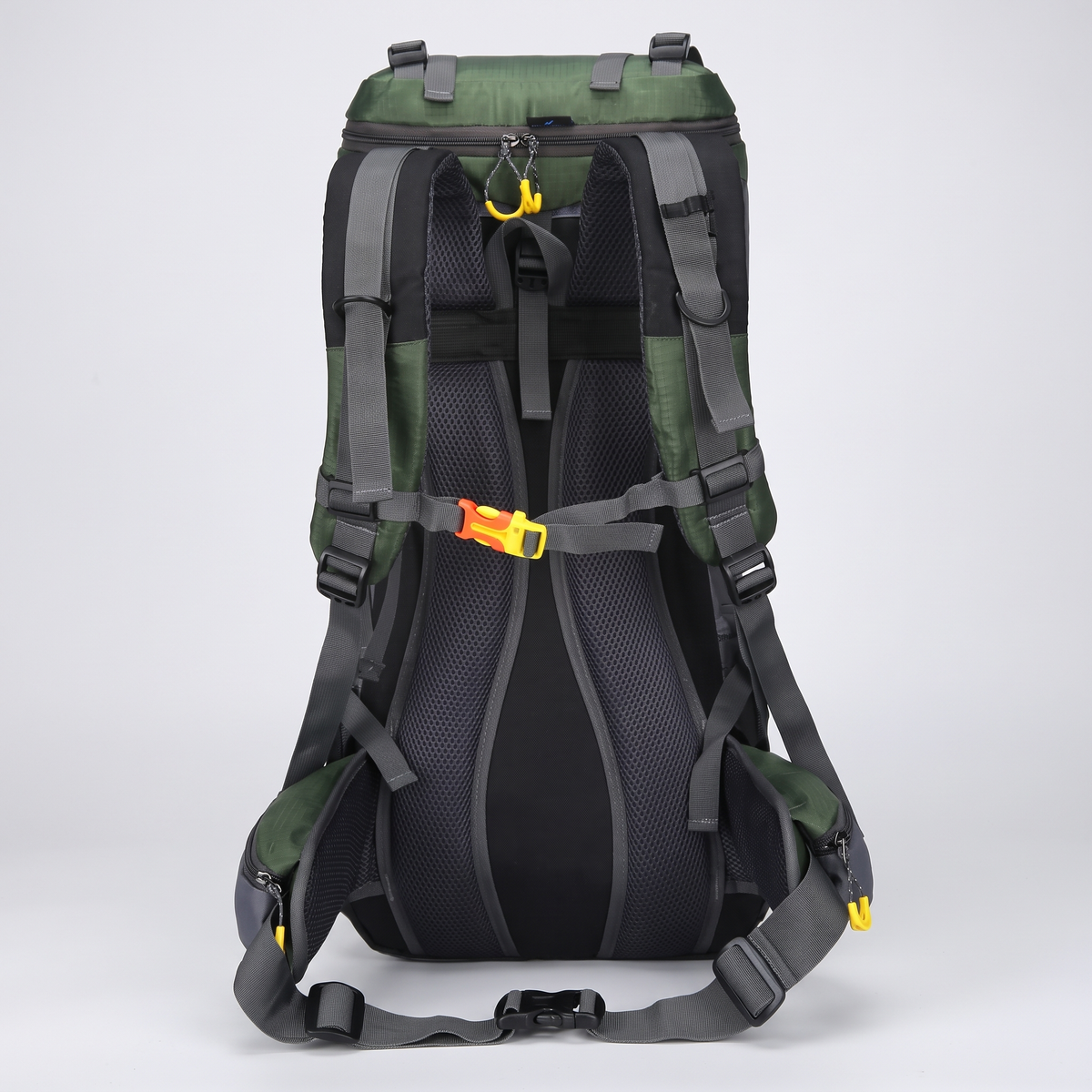 Back of the 60L hiking rucksack showing the air-mesh back, shoulder straps and padded hip belt