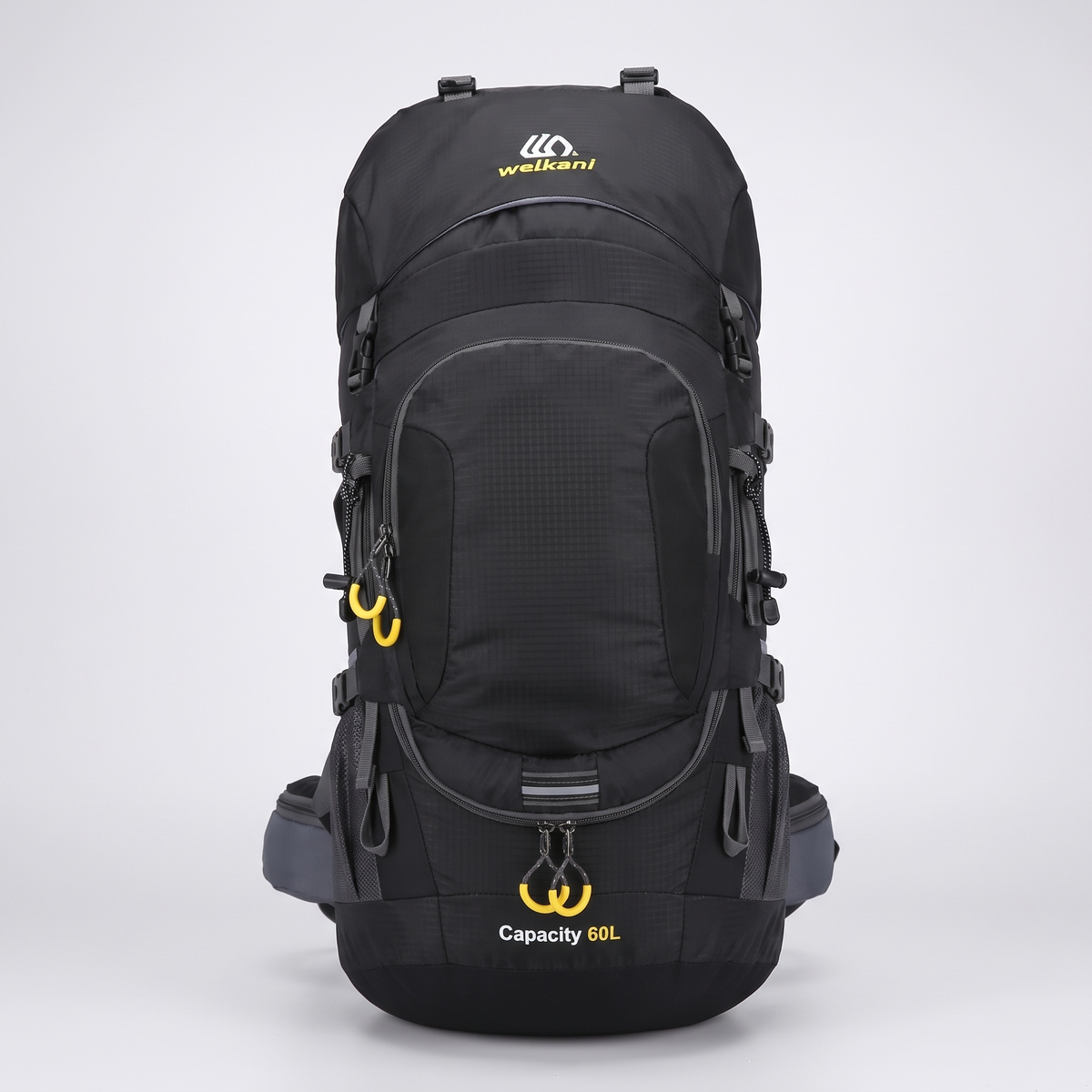 60L hiking rucksack in black, front view