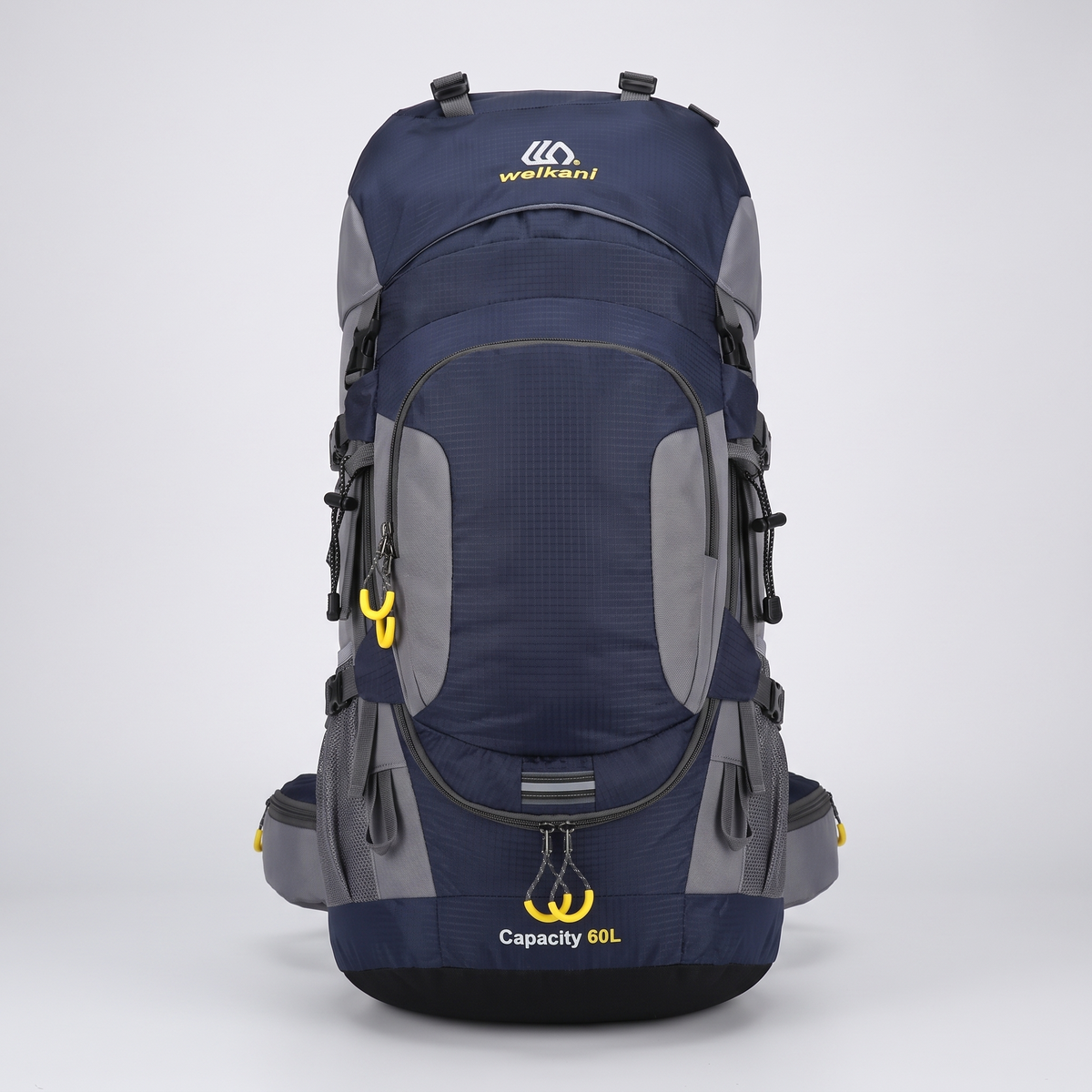 60L hiking rucksack in dark blue, front view