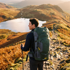 Walker on a Lake District ridge carrying the 60L hiking rucksack