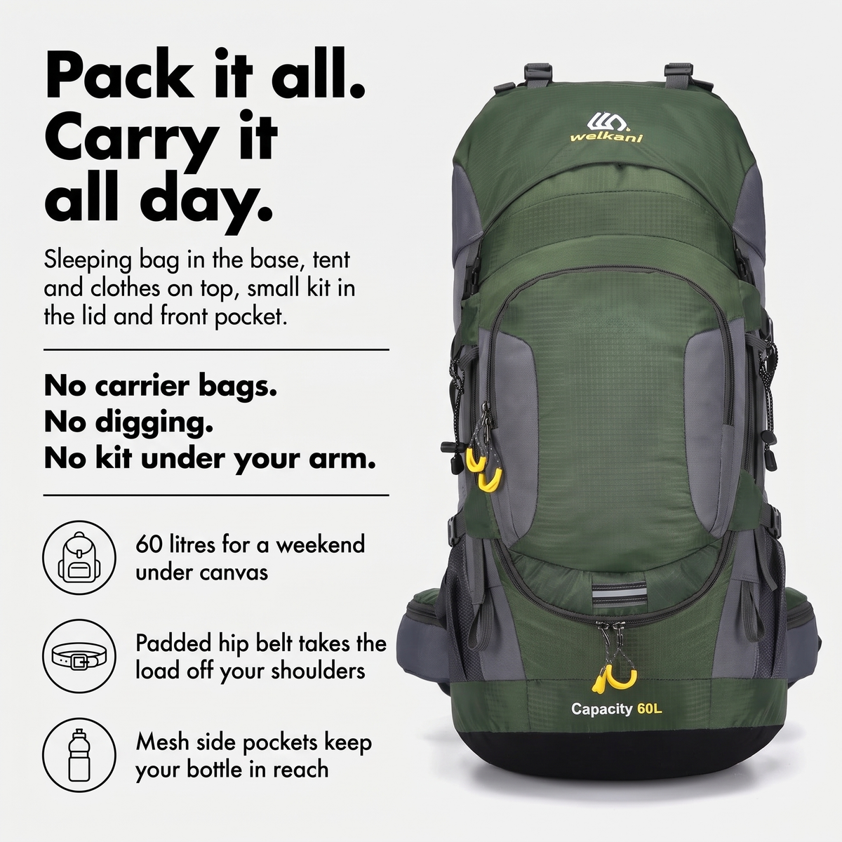 How the 60L rucksack packs: sleeping bag in the base, tent and clothes on top, small kit in the lid