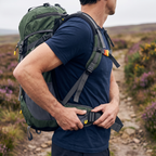 Padded hip belt of the 60L rucksack buckled on a walker's hips