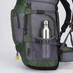 Water bottle in the mesh side pocket with compression straps