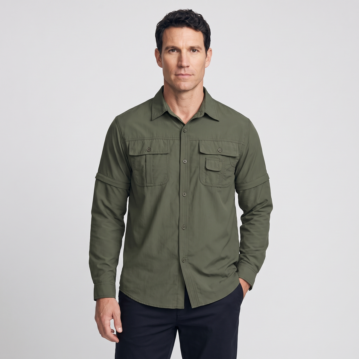 Man wearing the green hiking shirt with long sleeves, front view
