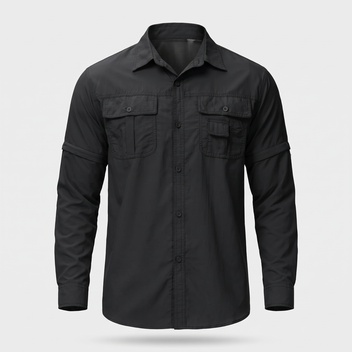 Men's hiking shirt in black with zip-off sleeves, front view