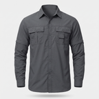 Men's hiking shirt in grey with zip-off sleeves, front view