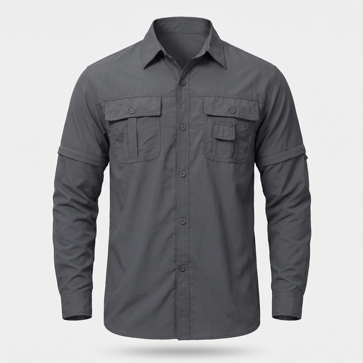 Men's hiking shirt in grey with zip-off sleeves, front view