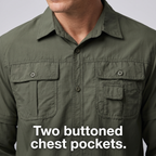 Close-up of the two buttoned chest pockets on the green hiking shirt