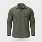 Men's hiking shirt in green with zip-off sleeves, front view