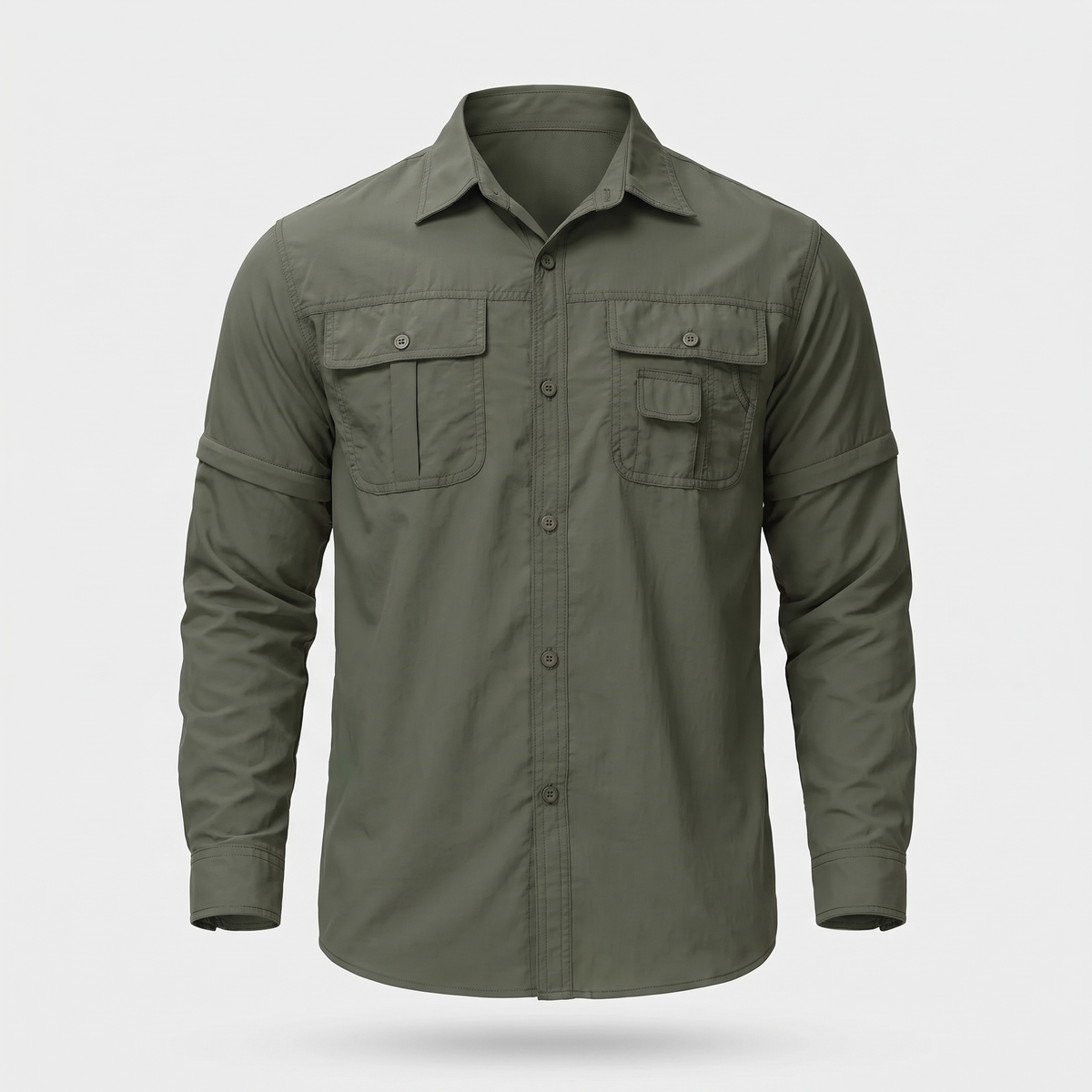 Men's hiking shirt in green with zip-off sleeves, front view
