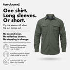 Hiking shirt with sleeves that zip off, buttoned chest pockets and buttoned cuffs