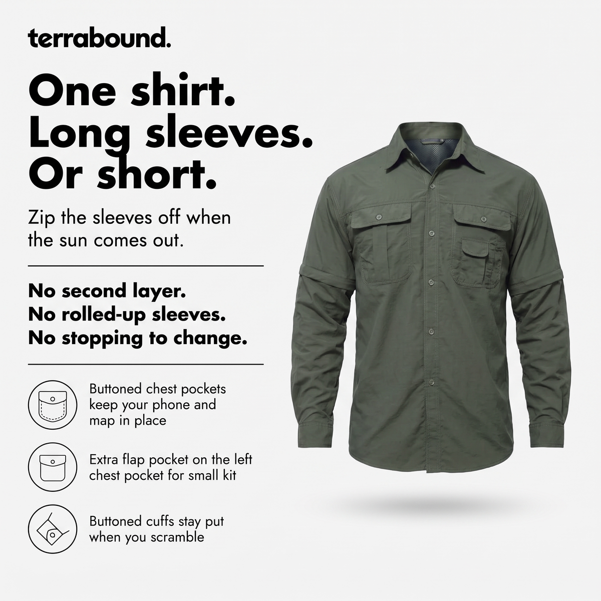 Hiking shirt with sleeves that zip off, buttoned chest pockets and buttoned cuffs