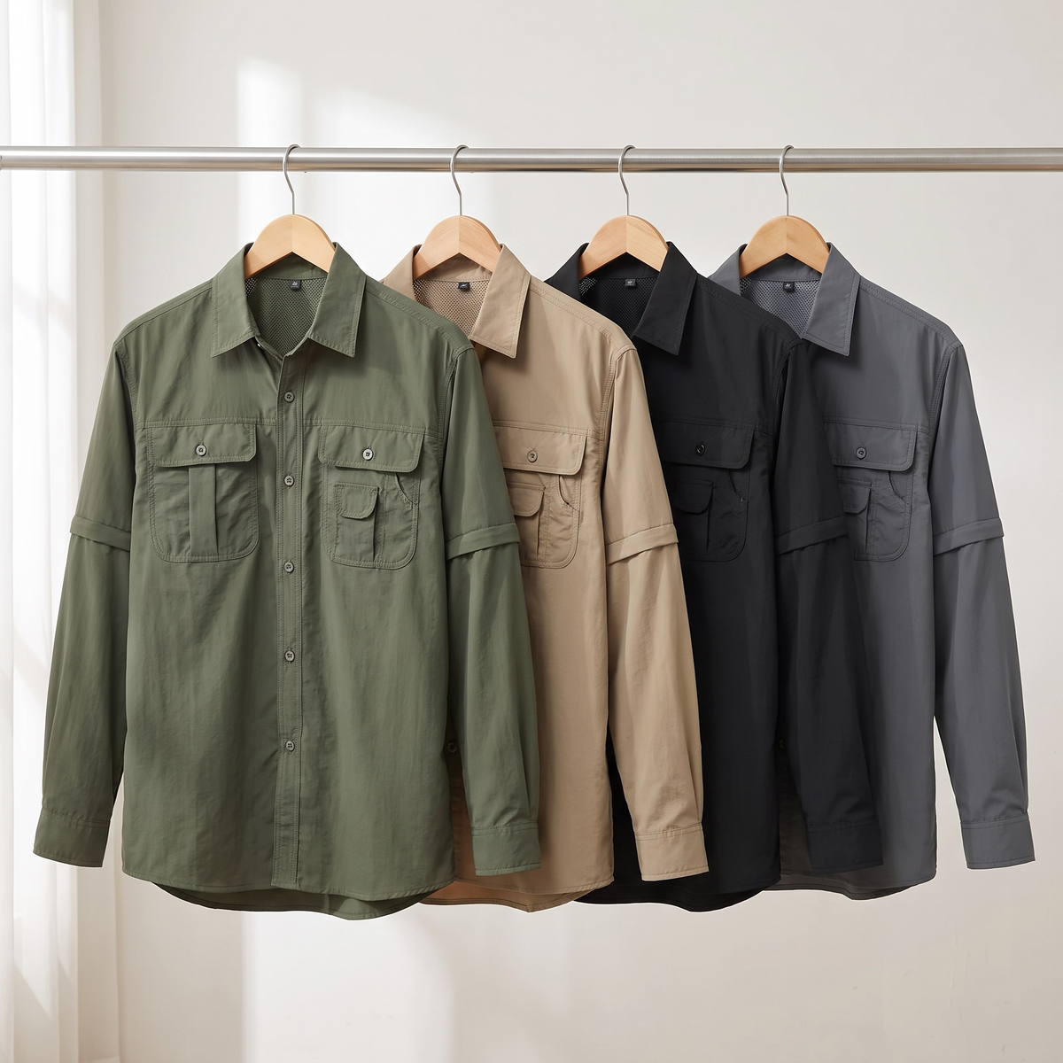 Men's hiking shirt in green, khaki, black and grey on a clothes rail