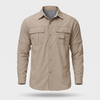 Men's hiking shirt in khaki with zip-off sleeves, front view