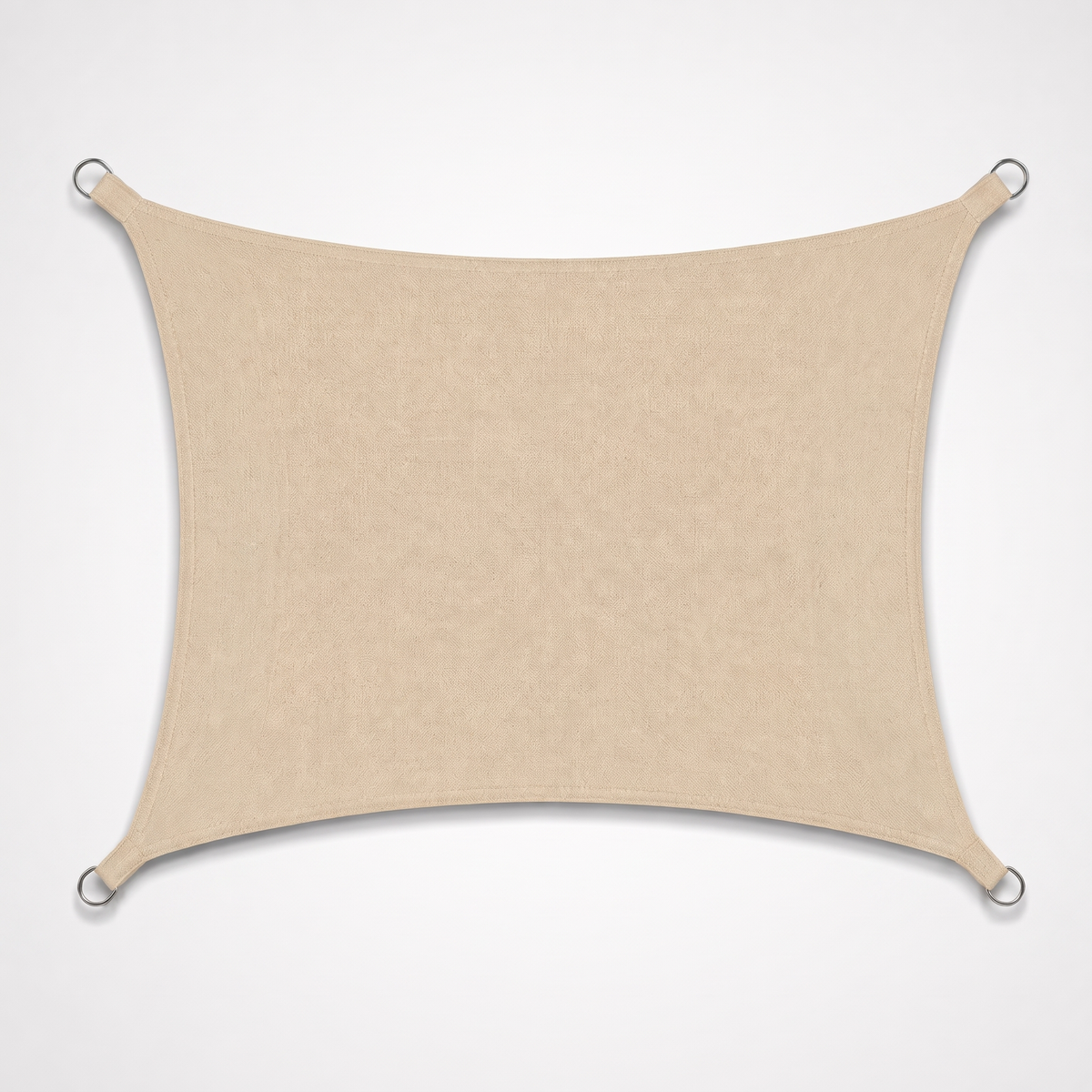 Terrabound shade sail in beige, a rectangle with curved edges and a steel D-ring at each corner