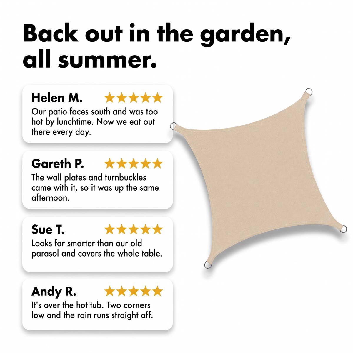 Customer review cards for the Terrabound shade sail next to a beige sail
