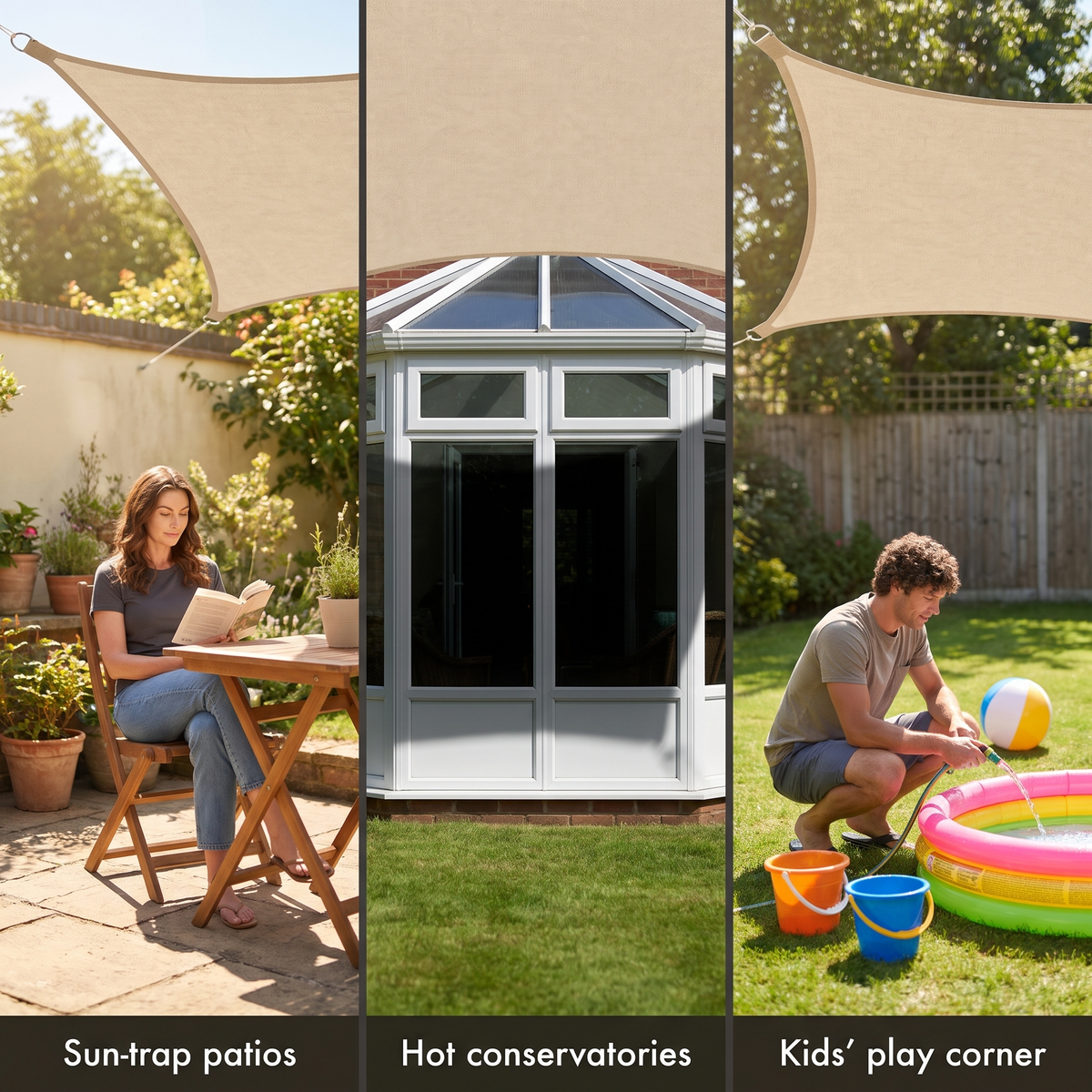 Shade sail over a sun-trap patio, a conservatory roof and a children's paddling pool