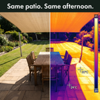 Thermal camera view of a patio: hot sunlit paving beside cooler paving in the shade of the sail
