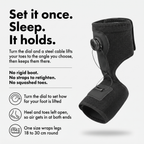 How the night splint works: turn the dial and a steel cable lifts the toes to the angle you choose