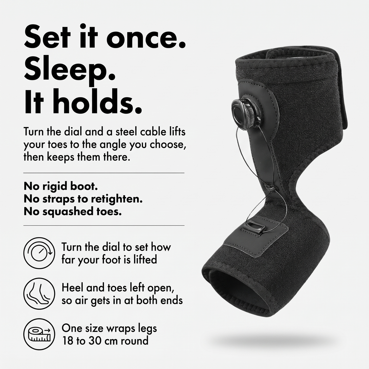 How the night splint works: turn the dial and a steel cable lifts the toes to the angle you choose