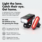 Infographic of the wide and long beam, battery dots, rear light mounts and USB-C charging