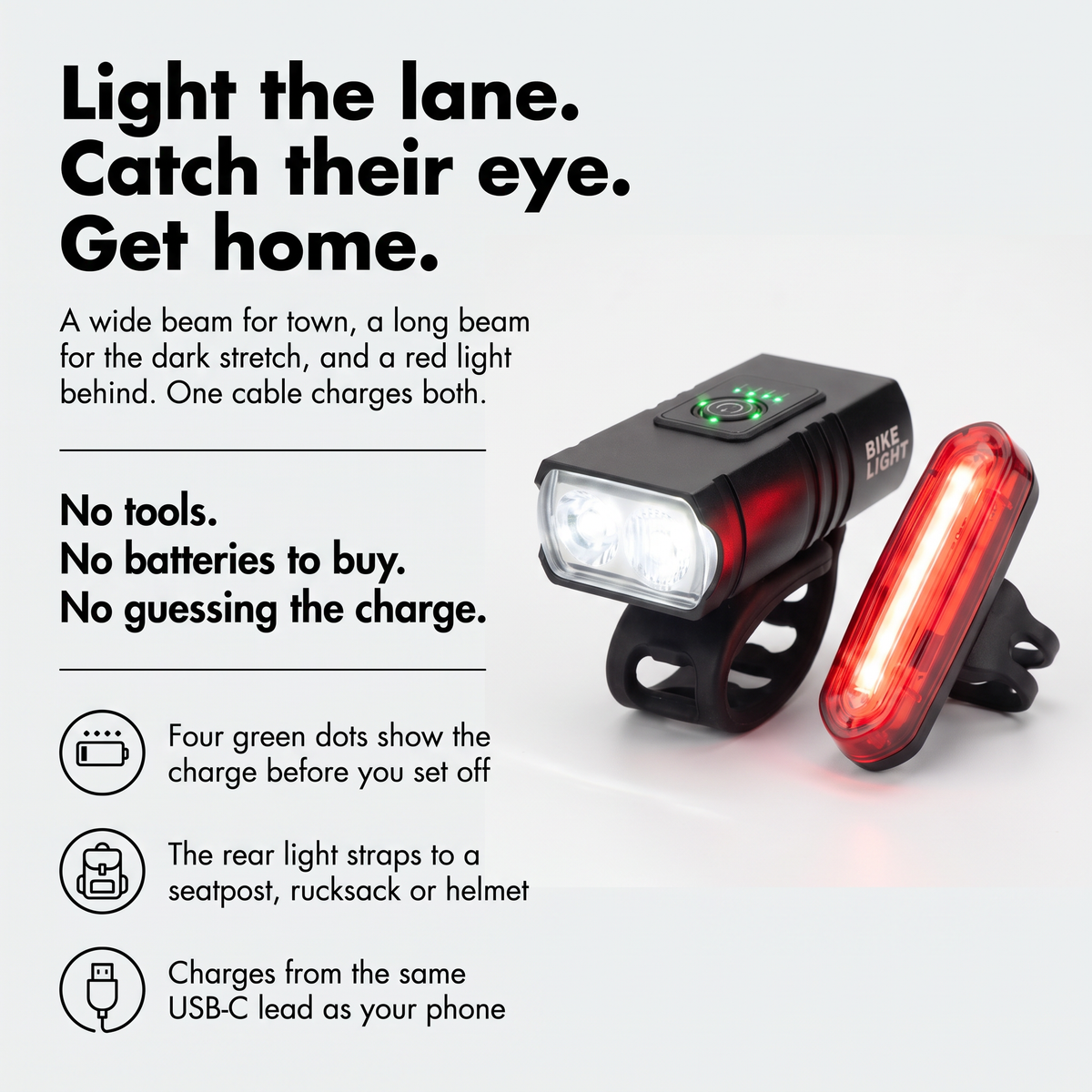 Infographic of the wide and long beam, battery dots, rear light mounts and USB-C charging