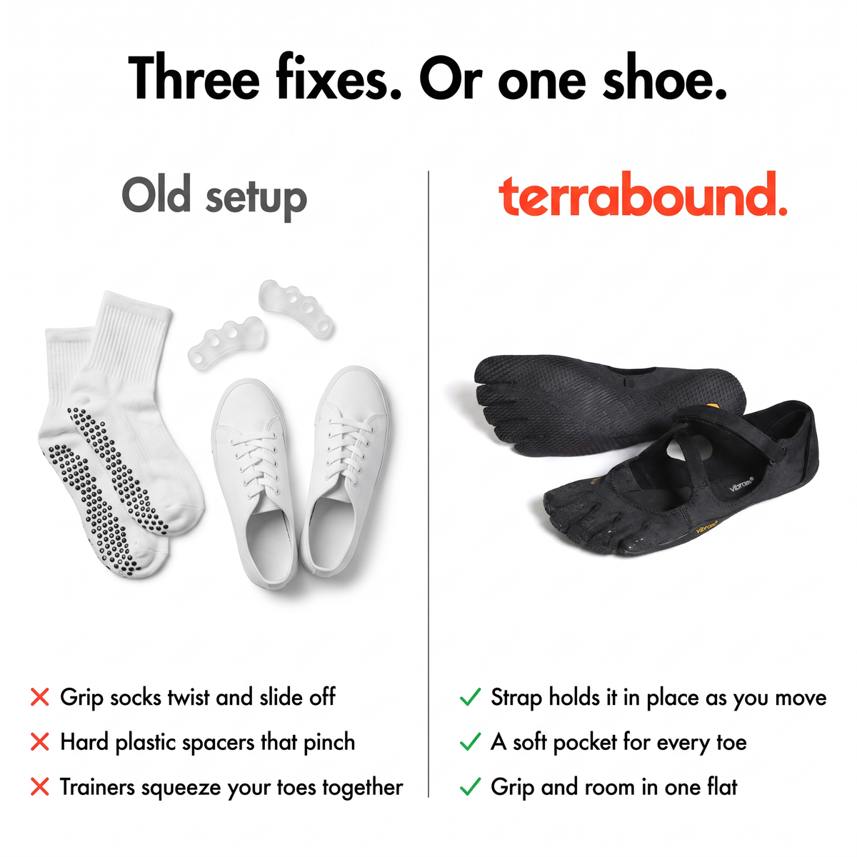 Grip socks, toe spacers and trainers compared with the five toe barefoot shoe
