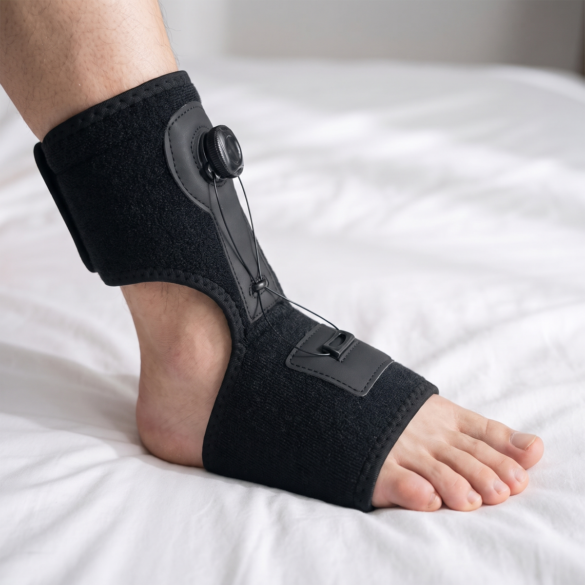 Night splint worn on a bare foot, showing the open heel and open toes