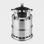 Terrabound wood burning camping stove in stainless steel with three fold-out pot arms