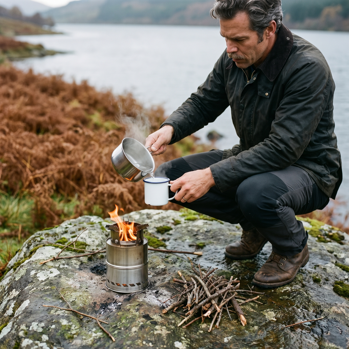 Walker pouring a brew beside the wood burning camping stove at a Scottish loch