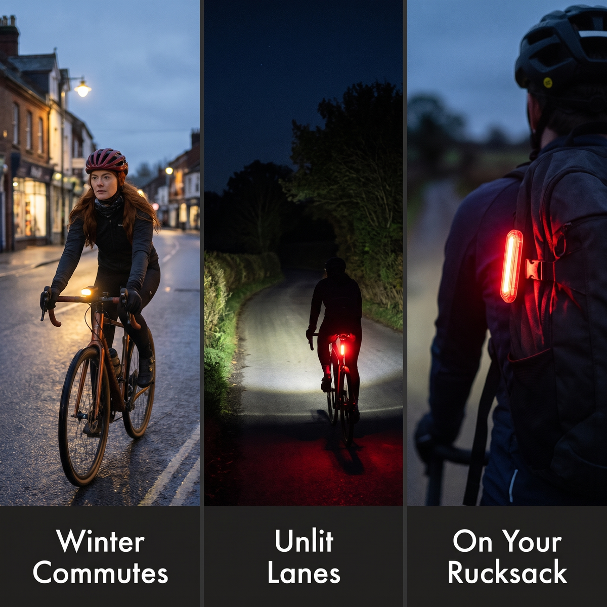 Bike lights used for winter commutes, unlit lanes and clipped to a rucksack