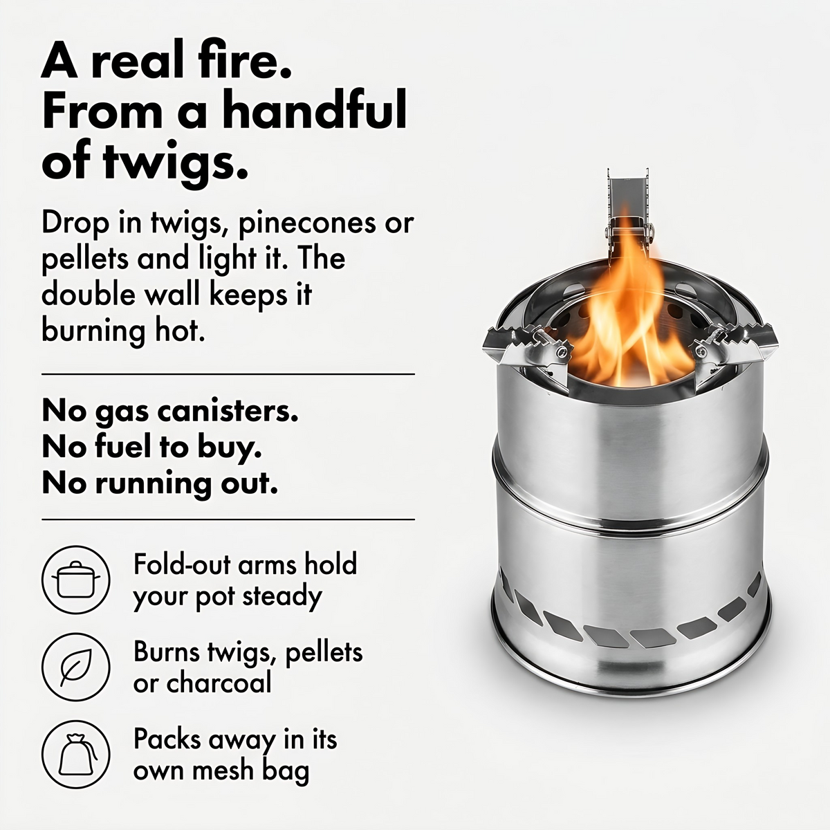 Wood burning camping stove that burns twigs, pellets or charcoal with no gas canisters