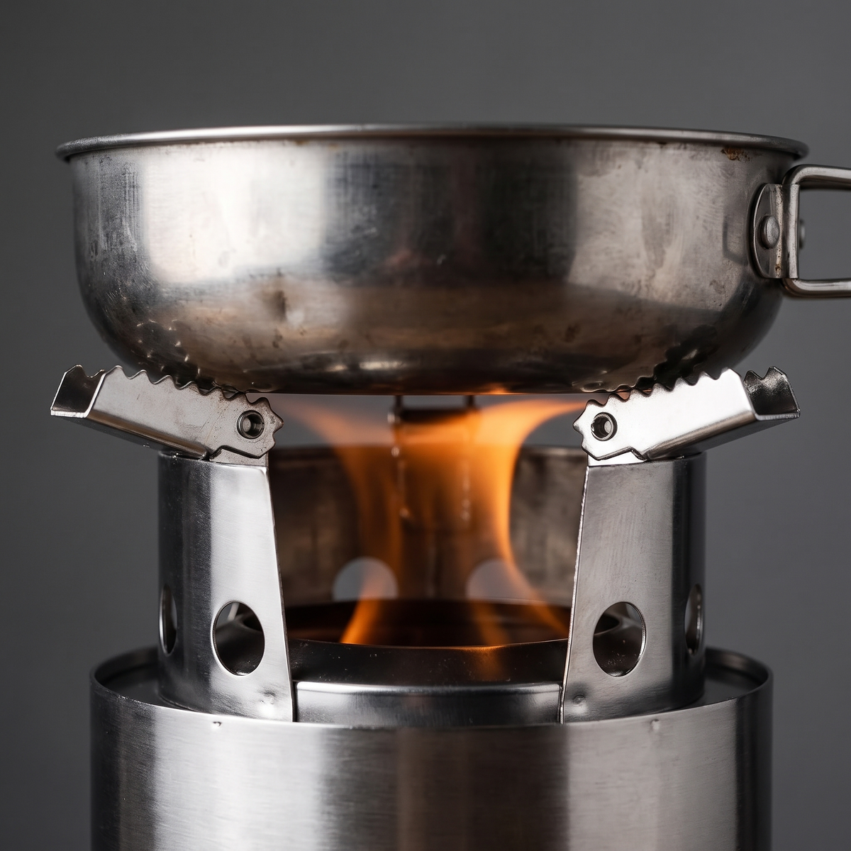 Camping pan resting on the toothed pot arms of the wood burning stove