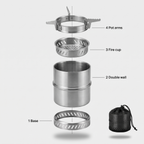 Exploded view of the four parts of the wood burning camping stove and its mesh bag