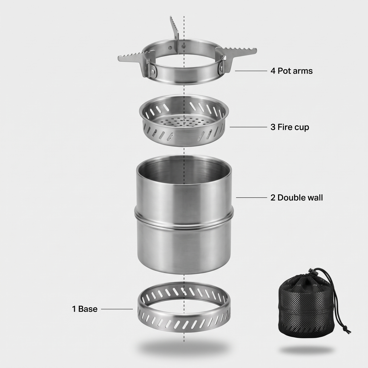 Exploded view of the four parts of the wood burning camping stove and its mesh bag
