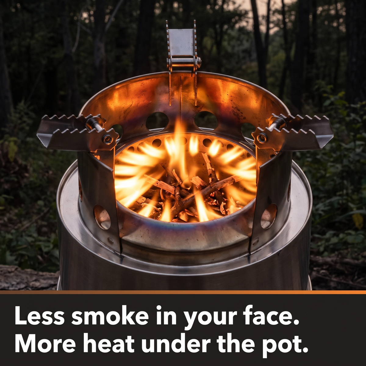 Ring of flame under the rim of the double-wall wood burning camping stove