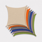 Terrabound shade sail in seven colours: beige, sand, orange, grey, royal blue, taupe and green