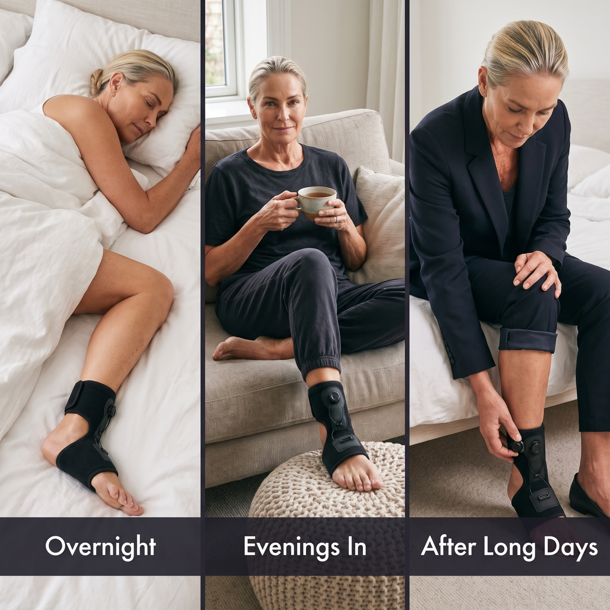 Woman wearing the night splint overnight, on a sofa in the evening and after a long day